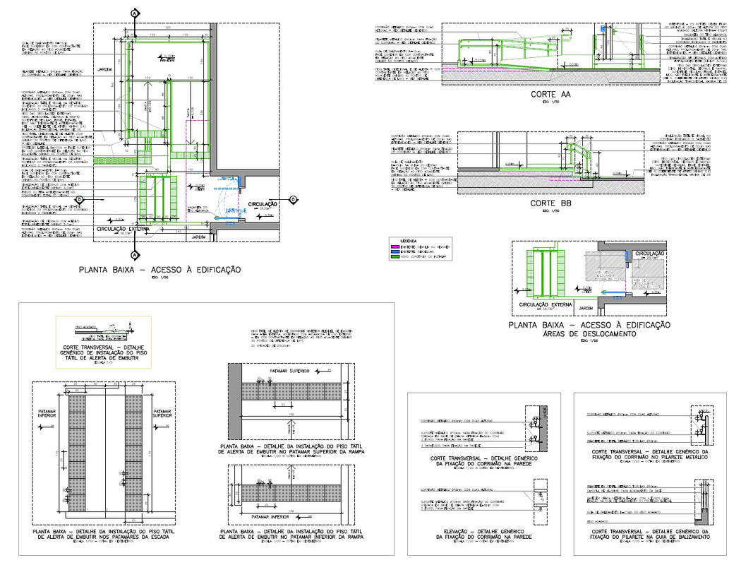 Imagem contendo desenhos técnicos de um projeto de acessibilidade do acesso a uma edificação: uma planta baixa técnica, dois cortes, uma planta com áreas de deslocamento e detalhamentos de instalação de piso tátil de alerta e corrimãos.