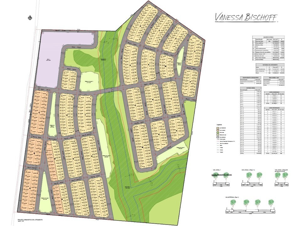 Imagem contendo o desenho técnico de um projeto urbanístico executivo, legenda, quadro de áreas e perfis transversais de vias. 