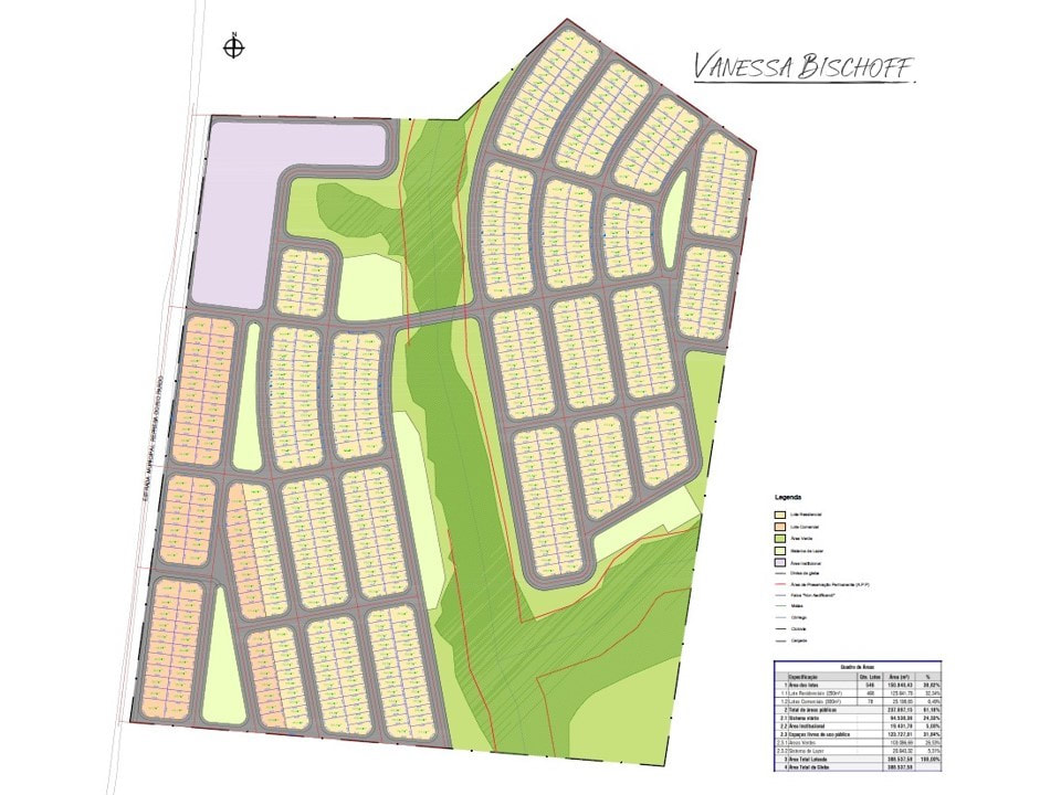 Imagem contendo o desenho técnico de um projeto urbanístico preliminar, legenda e quadro de áreas. 